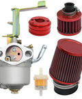 Carburetor Tune Up Kit Replacement For Coleman CT100U CC100X SK100 Mini Bike Go Kart Predator 79cc 97cc 3HP Gas Engines Powermate Edger 152F 154F 156F Red Pro Grade DIY Friendly showing carburetor, filters, and fuel filter.