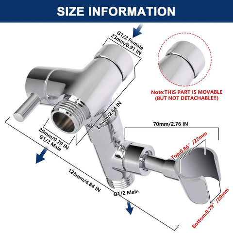 All Metal Shower Arm Diverter With Handheld Mount 3 Way G1 2 Valve For Handheld And Fixed Shower Heads, Chrome dimensions