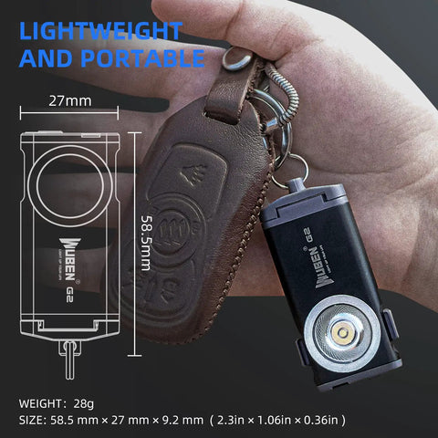 Hand holding G2 Mini LED Flashlight Keychain, 500 Lumens Rechargeable Pocket Light, showing dimensions and lightweight design.