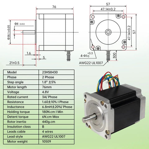 Plug And Play 3 Axis CNC Controller Kit With Nema 23 Stepper Motor 57x76mm 270 Oz-In diagram and specifications