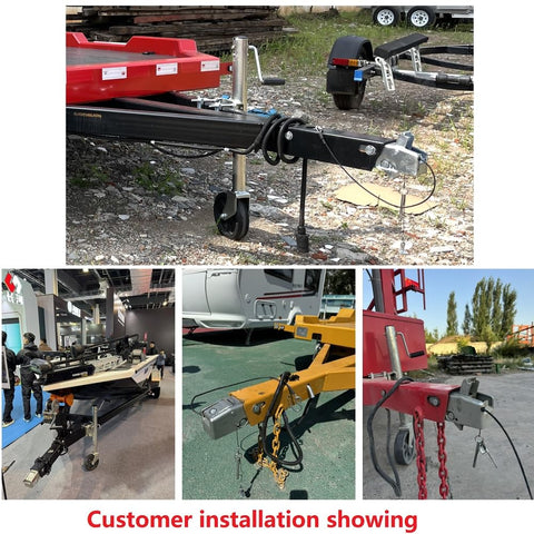 Front view of a 7,500 lb tandem hydraulic disc brake actuator inner slide trailer coupling on a black trailer tongue.