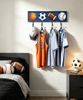 Hang Your Game Day Gear On This Slick Sturdy Four Hook Wooden Wall Rack Built For Displaying Baseball Basketball Football Jerseys And Athletic Room Storage with sports gear.
