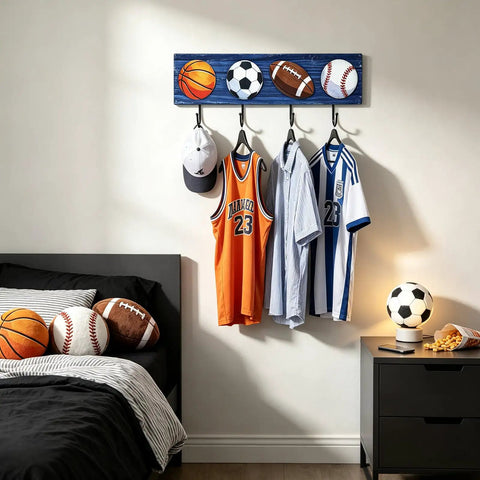 Hang Your Game Day Gear On This Slick Sturdy Four Hook Wooden Wall Rack Built For Displaying Baseball Basketball Football Jerseys And Athletic Room Storage with sports gear.