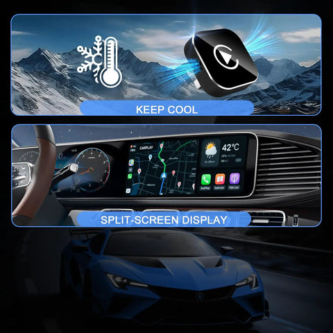 Upgrade Your Daily Grind With This Legit Wireless CarPlay Dongle For Tesla Cybertruck 2024 showcasing split-screen display and cool tech.