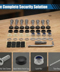 Heavy Duty Stainless Steel Anti Theft License Plate Screws Kit with tamper resistant bolts, locking caps, and foam pads.