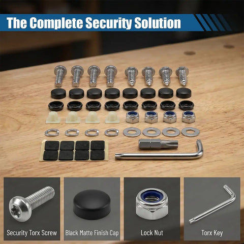 Heavy Duty Stainless Steel Anti Theft License Plate Screws Kit with tamper resistant bolts, locking caps, and foam pads.