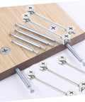 20 Set Cam Fittings Kit For Cabinets With Connectors And Dowels Easy Assembly No Fuss Strong Load Bearing Lightweight And Portable Ideal For Furniture Panels And Office Cabinets shown with wooden panels and connectors.