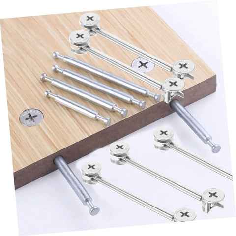 20 Set Cam Fittings Kit For Cabinets With Connectors And Dowels Easy Assembly No Fuss Strong Load Bearing Lightweight And Portable Ideal For Furniture Panels And Office Cabinets shown with wooden panels and connectors.
