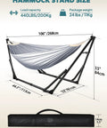 2 In 1 Hammock And Swing Chair With Collapsible Steel Stand And Carrying Case, size chart and load capacity details displayed