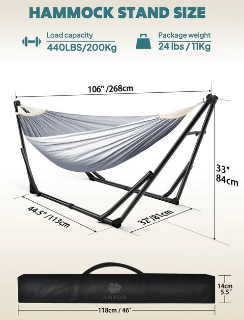 2 In 1 Hammock And Swing Chair With Collapsible Steel Stand And Carrying Case, size chart and load capacity details displayed