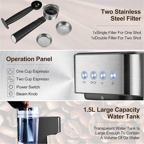 Top Shelf Espresso Coffee Machine With 20 Bar Italian Pump And 1050W Fast Heat Boiler showing filters, operation panel, and 1.5L water tank.