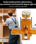 No Sweat Cabinet Door Installation Clamp With Adjustable Positioner And Lightweight Aluminum Hinge Drill Jig in use, showing 90-degree alignment.