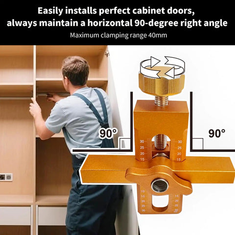 No Sweat Cabinet Door Installation Clamp With Adjustable Positioner And Lightweight Aluminum Hinge Drill Jig in use, showing 90-degree alignment.