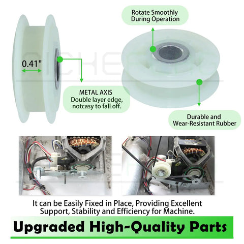 Master Grade Dryer Repair Kit Compatible With Whirlpool And Kenmore Featuring Solid Drum Rollers Idler Pulleys And Heavy Duty Drive Belt Zero Sweat Diy Setup. Durable idler pulley with metal axis for dryers.