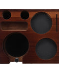 This Dead Easy Acacia Wood Coffee Tamper Station Keeps Your Espresso Gear Tidy And Quick To Grab Featuring Grippy Rubber Pads For A Zero Mess Brew Setup That Really Hits The Spot For Your Everyday Coffee Game. Acacia wood tamper station with multiple compartments for espresso tools.