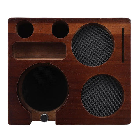 This Dead Easy Acacia Wood Coffee Tamper Station Keeps Your Espresso Gear Tidy And Quick To Grab Featuring Grippy Rubber Pads For A Zero Mess Brew Setup That Really Hits The Spot For Your Everyday Coffee Game. Acacia wood tamper station with multiple compartments for espresso tools.