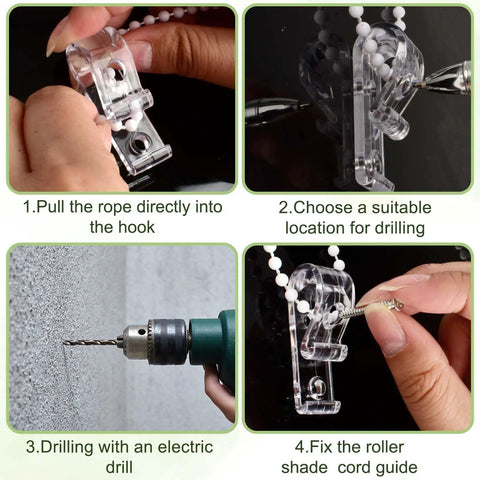 Installation steps for Eight Piece Cord Safety Window Blind Cord Guides for Roller Shades and Bead Chain Systems with expansion screws.
