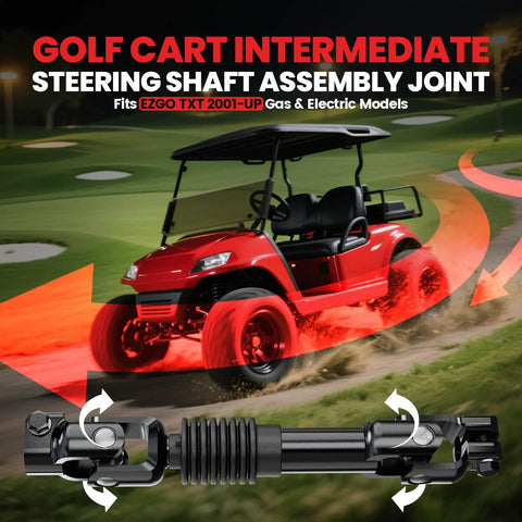 Golf Cart Intermediate Steering Shaft Assembly Joint For EZGO TXT 2001 Up Steering Yoke OEM 70580 G01 Replacement Durable EZGO Steering Linkage For Electric And Gas Models Easy Install Fits ST 480 And Other EZGO TXT, black metal joint with universal ends