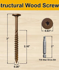 Badass Heavy Duty Wood Structural Lag Screws 14 Gauge By 3 Inch 54 Piece Kit with dimensions and T30 Star Drive Bit on wood background.