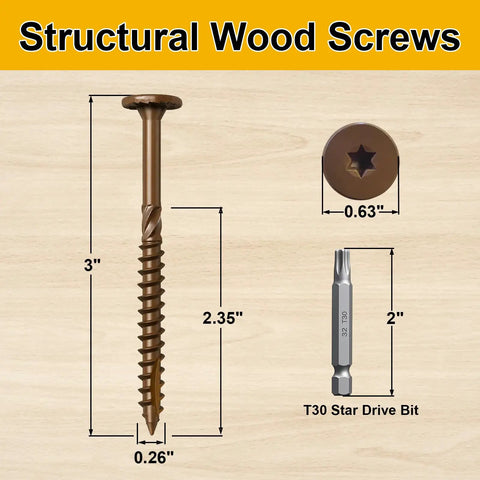 Badass Heavy Duty Wood Structural Lag Screws 14 Gauge By 3 Inch 54 Piece Kit with dimensions and T30 Star Drive Bit on wood background.