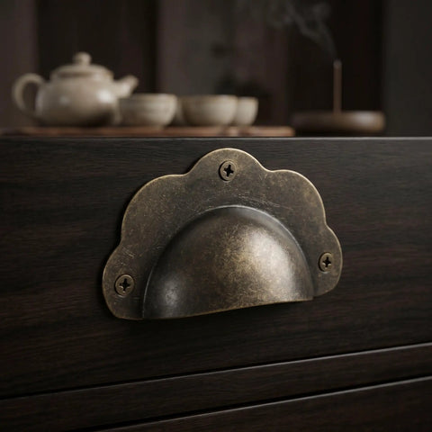 Super Sturdy Vintage Bronze Shell Cup Pulls For Cabinets And Drawers Dead Simple Install, detailed close-up on dark wood