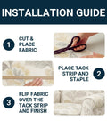 Installation guide for Straight Up Solid Upholstery Tack Strip 1/2 Inch X 10 Yard Roll with fabric placement steps.
