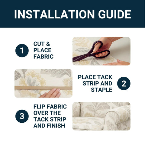 Installation guide for Straight Up Solid Upholstery Tack Strip 1/2 Inch X 10 Yard Roll with fabric placement steps.