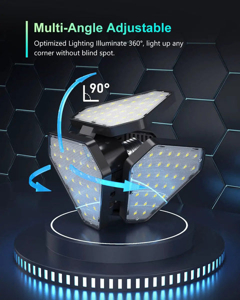 120W LED Garage Light 12000LM 6000K with 3 adjustable panels shown in multi-angle adjustment, on display base