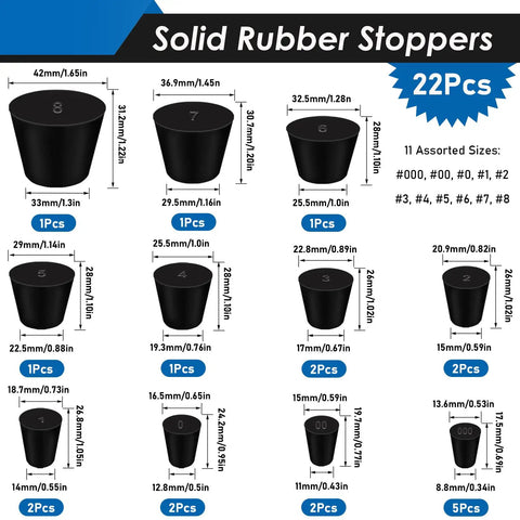 16 Size Assorted Solid Rubber Stopper Plus Flexible Silicone Hole Plug Kit For Bath And Kitchen Drain Sealing Plugs Waterproof Grommet Set With Durable Sealants, black assorted solid rubber stoppers 22pcs with sizes shown