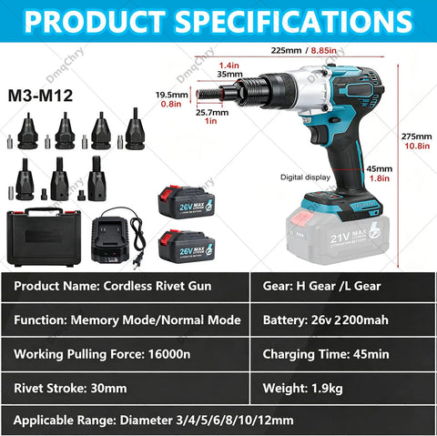 2 In 1 Cordless Rivet And Nut Gun Kit With M3 M12 Nut Heads Auto And Manual Riveting 2x 2.2Ah Batteries dimensions and features