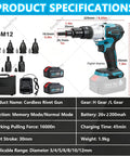 Cordless Brushless Rivet Gun And Nut Tool Kit with specifications including 2x2.2Ah battery, M3 to M12 heads, product dimensions shown