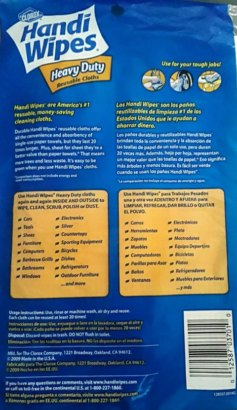 Packaging of Heavy Duty Reusable Cleaning Wipes Set Of 6, Each Pack Contains 3 Wipes, details in English and Spanish visible.