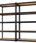 Heavy Duty Storage Shelving Unit, 5 Tier Metal Rack For Kitchen And Garage, Adjustable Organizer Built Tough To Carry All Your Gear, 35 By 16 By 72 Inches, Beefy Steel Frame, Pack Of Two with black steel frame and wooden shelves.
