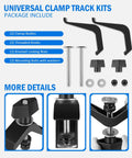 Universal Track Clamps For Accu Cut And Adaptive Cutting Systems Ideal For Building Shop Made Jigs Or Fixtures On Kreg Trak Two Pack Of Heavy Duty Clamps With Extra Holding Power For Precise Woodworking Pro Woodworkers showing package contents including clamp bodies, knobs, nuts, and bolts.