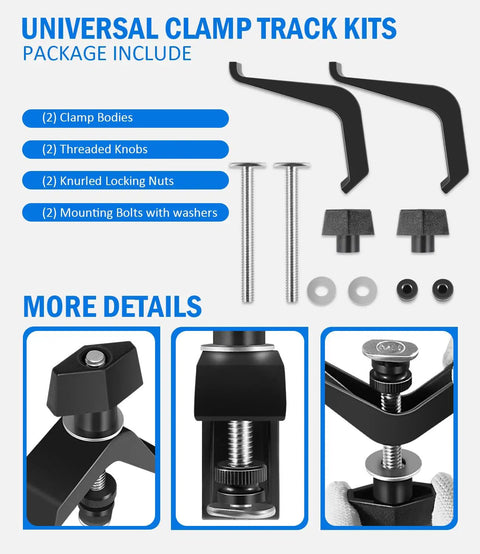 Universal Track Clamps For Accu Cut And Adaptive Cutting Systems Ideal For Building Shop Made Jigs Or Fixtures On Kreg Trak Two Pack Of Heavy Duty Clamps With Extra Holding Power For Precise Woodworking Pro Woodworkers showing package contents including clamp bodies, knobs, nuts, and bolts.
