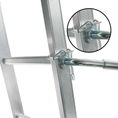 Pro Grade Ladder Stabilizer Brackets With Foam Elbows And Anti Shedding Device attached to ladder rail for stability at height