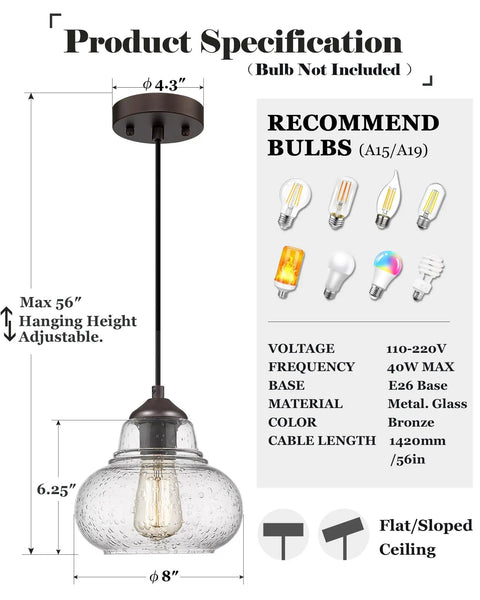 8 Inch Seeded Bubble Glass Pendant Light Fixture with Hand Blown Shade, industrial lighting specifications and bulb types