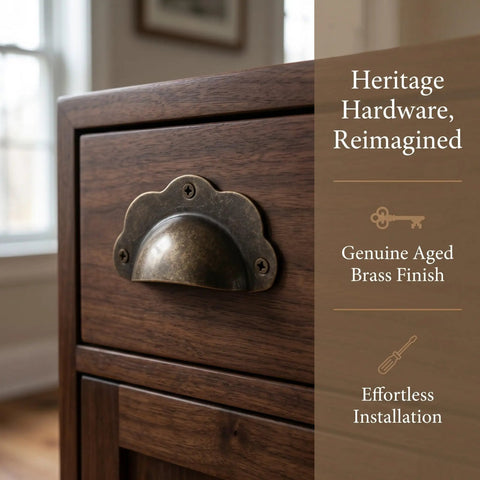 Super Sturdy Vintage Bronze Shell Cup Pulls For Cabinets And Drawers Dead Simple Install Iron Hardware Set Brings Old School Charm To Your Home Refresh, showing aged brass finish on drawer.