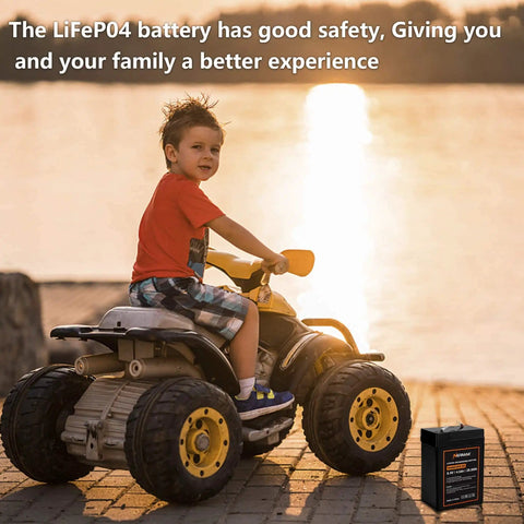 Child riding toy car using 6V 4.5Ah LiFePO4 Battery Two Pack With Built In BMS For Emergency Light Backup Power Game Feeder Kids Ride On Car