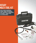 Pro Grade 107 Piece Rotary Multitool Kit With 35000 RPM Variable Speed Dial And All The Beast Mode Accessories For Sanding Grinding Polishing On Wood Metal And Stone in a case with various attachments.