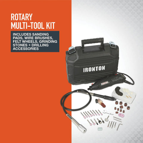 Pro Grade 107 Piece Rotary Multitool Kit With 35000 RPM Variable Speed Dial And All The Beast Mode Accessories For Sanding Grinding Polishing On Wood Metal And Stone in a case with various attachments.