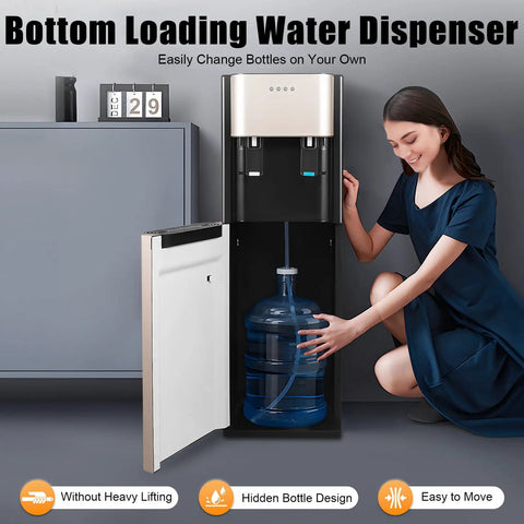 Woman using Bottom Loading 5 Gallon Water Dispenser With Hot And Cold Water, 620W 110V Vertical Cooler in breakroom