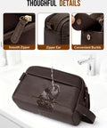 Built Tough PU Leather Toiletry Bag For Men, showing water resistance and smooth zipper details, dark brown color.
