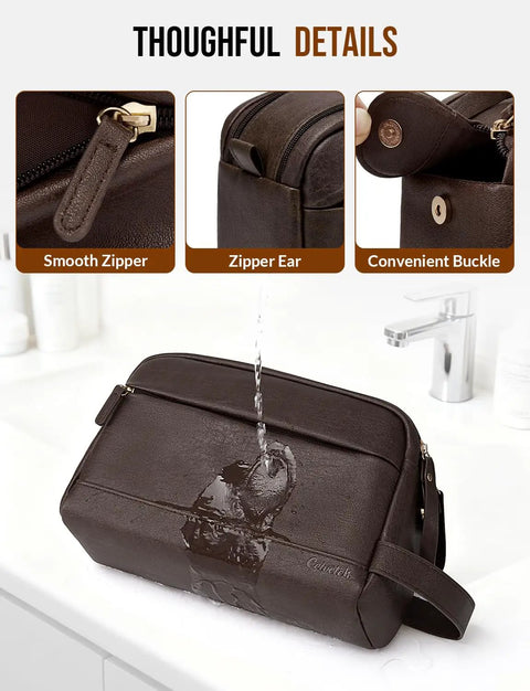 Built Tough PU Leather Toiletry Bag For Men, showing water resistance and smooth zipper details, dark brown color.