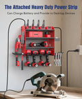 Heavy Duty Power Tool Organizer Wall Mount With Charging Station And Four Layer Garage Storage Shelves Keeps Four Drills Two Hooks Screwdriver Box And Screw Organizer Ready To Rock For Fathers Day Or Anniversary, showing tools and circular saw in garage