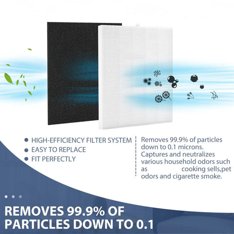 Premium Replacement C545 HEPA Filter Kit for Air Purifier, True HEPA S Filter, showing particle removal and odor neutralization.