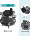 Rear Wheel Bearing And Hub Assembly Replacement For Ford Escape 2013 Through 2019 C Max 2013 Through 2018 And Lincoln MKC 2015 Through 2019 With ABS Five Lug Wheel Hub Drop In Replacement, shown in full, side, and bottom views.