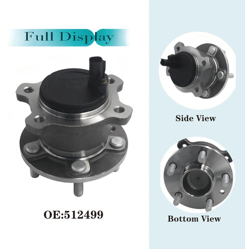 Rear Wheel Bearing And Hub Assembly Replacement For Ford Escape 2013 Through 2019 C Max 2013 Through 2018 And Lincoln MKC 2015 Through 2019 With ABS Five Lug Wheel Hub Drop In Replacement, shown in full, side, and bottom views.