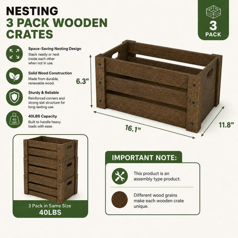Three Pack Extra Large Rustic Wooden Crates For Display And Storage Farmhouse Style Nesting Boxes with handles, dimensions 16.1 x 11.8 x 6.3 inches shown in product guide, sturdy wood construction, easy assembly with screws highlighted.