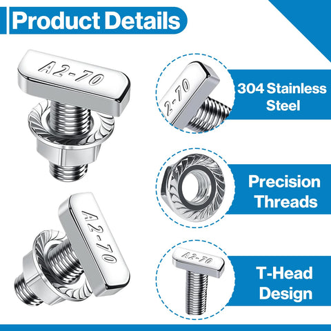 Built Tough 20 Pack M8x20mm T Slot Bolts Crafted From 304 Stainless Steel Zero Rust features A2-70 T-head design and precision threads.
